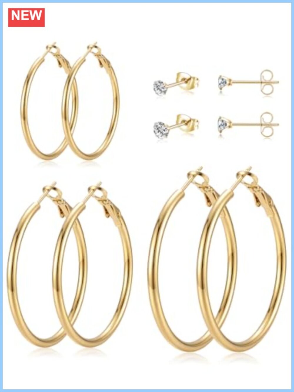 14K Gold Plated Hoop and Stud Earring Set Hypoallergenic for Sensitive Ears
